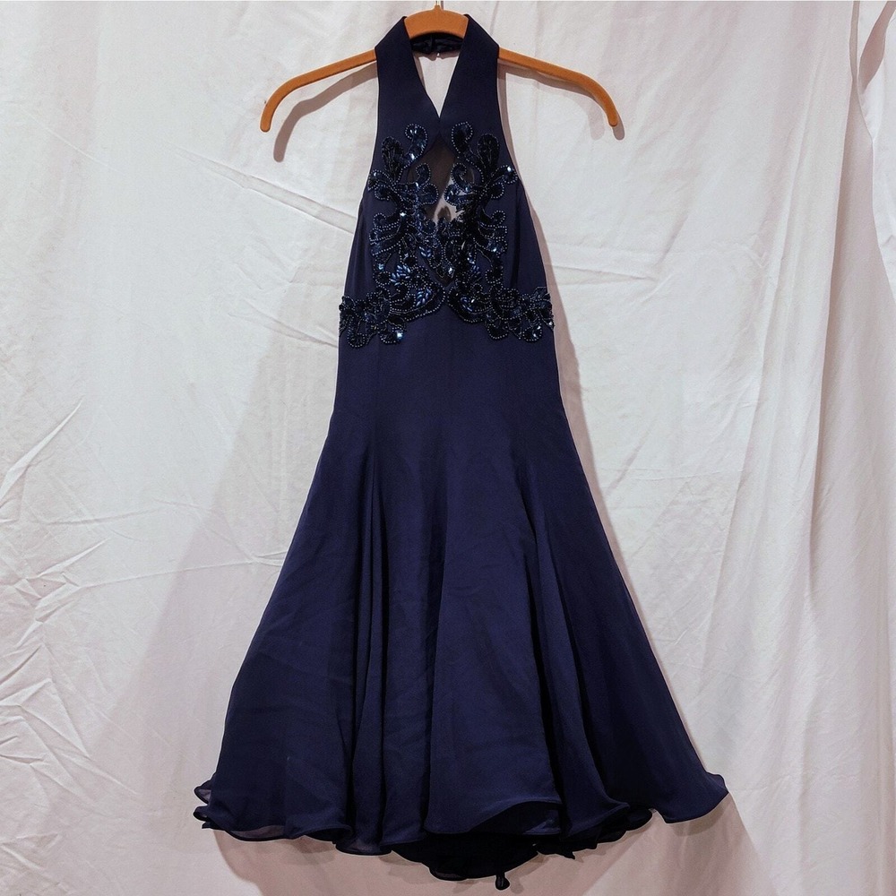 Navy Halter Mini Dress with Sequin Appliqué